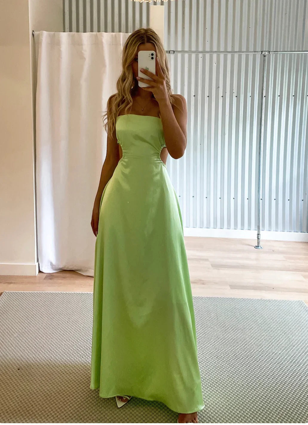 Luolandi Green Strapless A-Line Backless Long Party Dress Wedding Guest Dress Charming