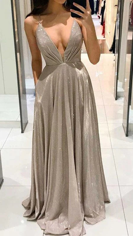 Luolandi Sexy Shiny Deep V Neck A-Line Long Prom Dress Charming Evening Party Dress