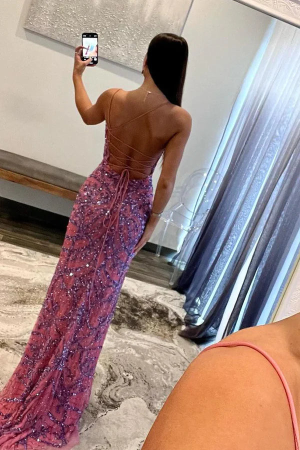 Luolandi Fuchsia Sequins Mermaid Long Prom Dresses with Slit Sparkly Evening Dress