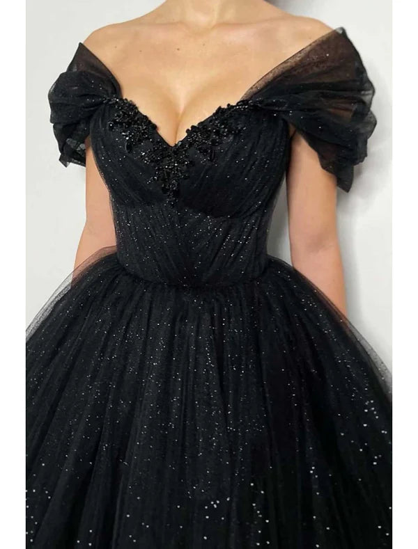 Luolandi A-Line Prom Dresses Elegant Dress Formal Floor Length Black Dress Short Sleeve Off Shoulder Tulle with Pleats Beading Sequin Evening Dress