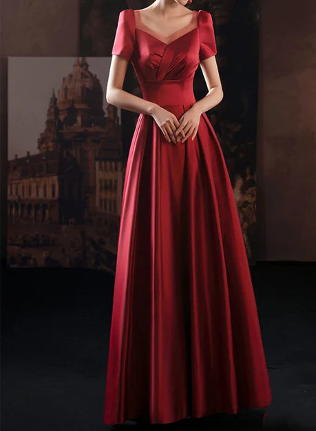 Luolandi Wine Red Satin Low Back Lace-up Short Sleeves Party Dress Formal Dresses Elegant Evening Dress