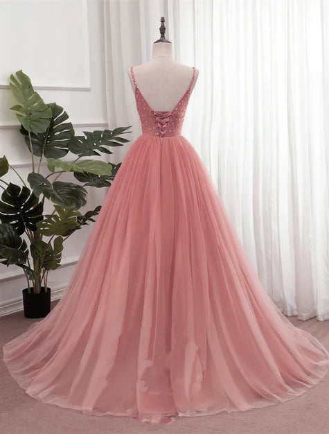Luolandi Dark Pink Sequins V-neckline Straps Long Evening Dress Tulle Pink Prom Dress Elegant