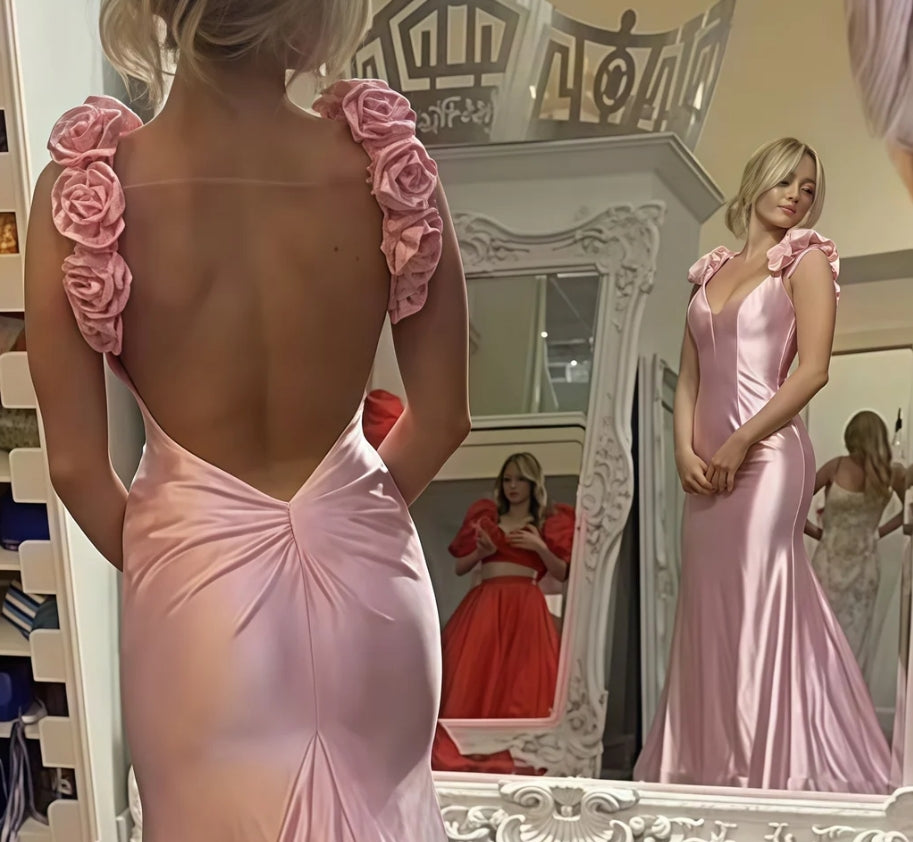 Luolandi Floral Pink V-neck Open Back Long Prom Dress Charming Evening Party Dress