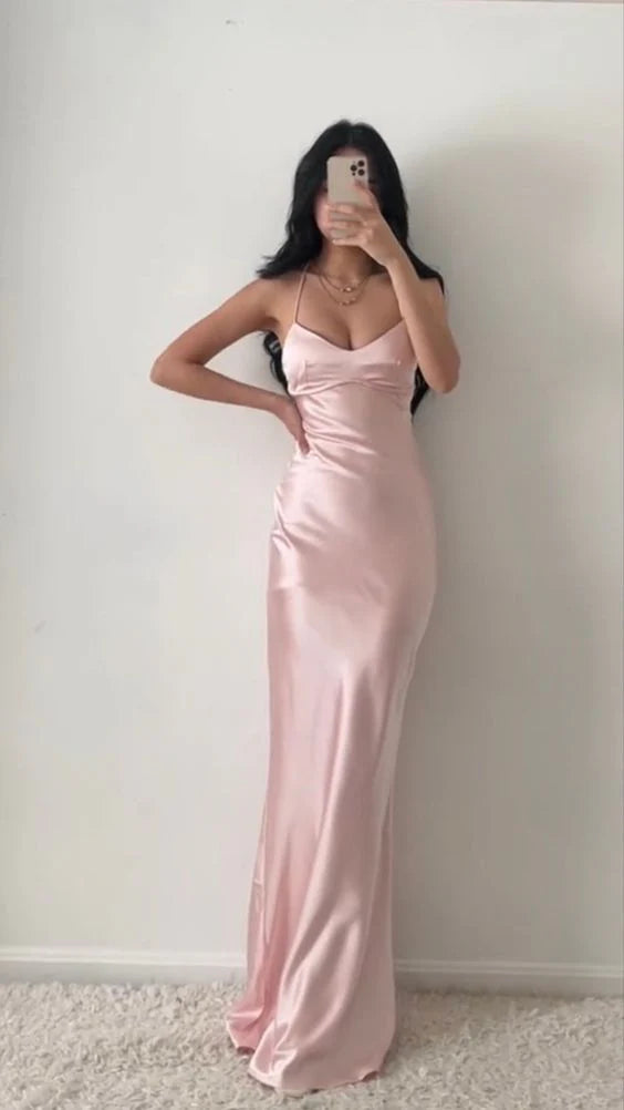 Luolandi Pink Bodycon Long Prom Dresses With Cross Back Simple Formal Party Dress