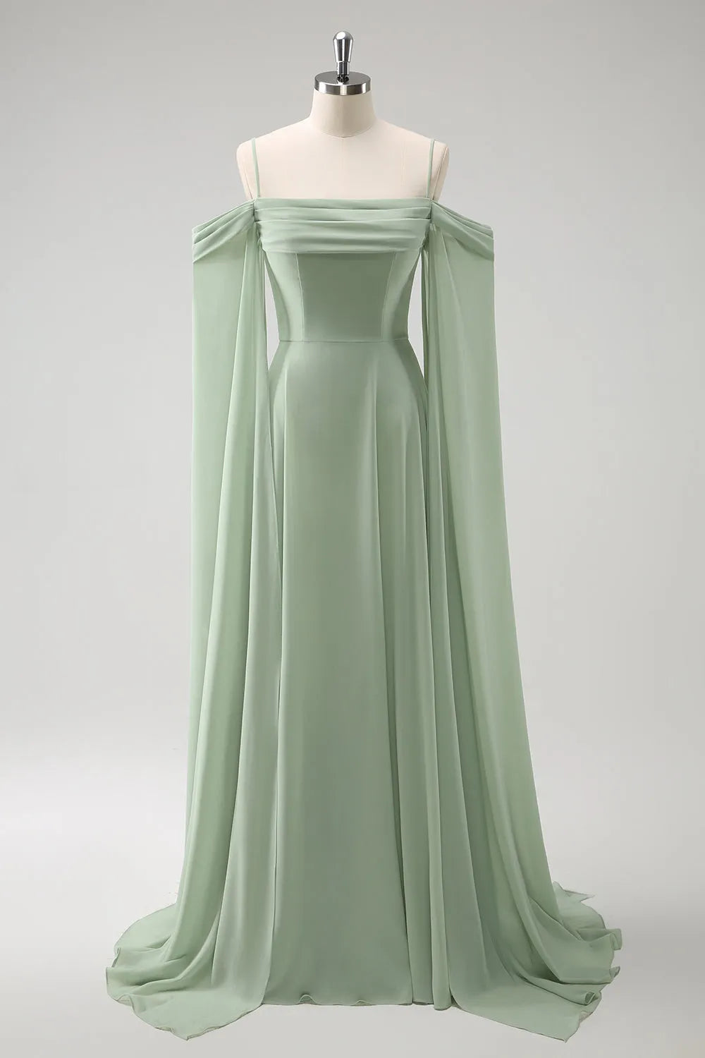 Luolandi Light Green Cold Shoulder A-Line Chiffon Watteau Train Bridesmaid Dress Charming Evening Party Dress Formal Dress