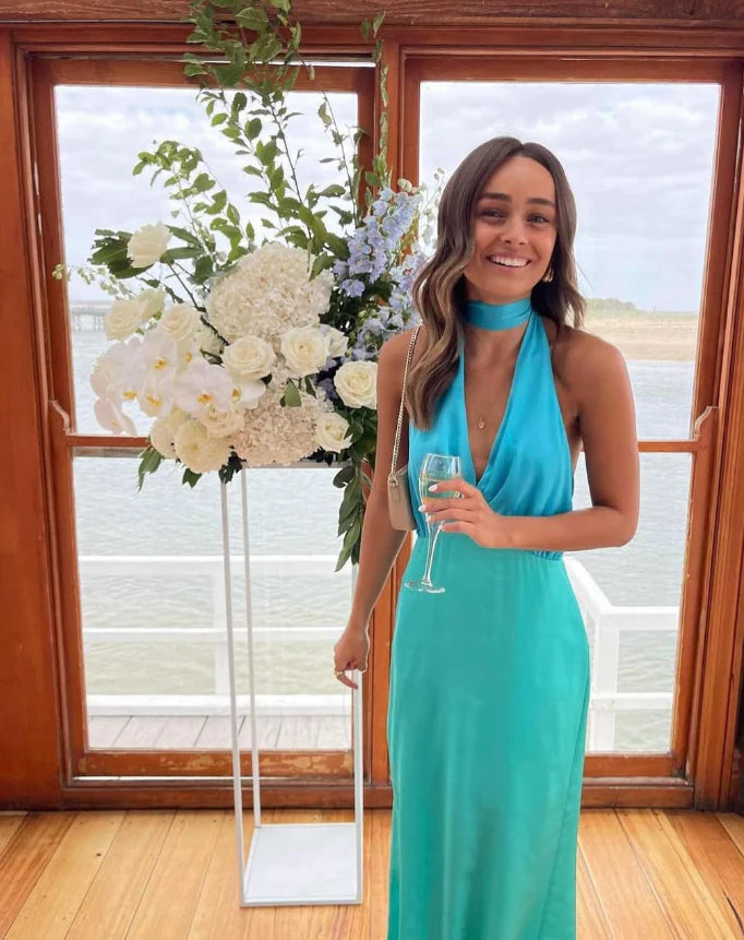 Luolandi Elegant Mermaid V Neck Open Back Satin Long Prom Dress Evening Dress Party Dress