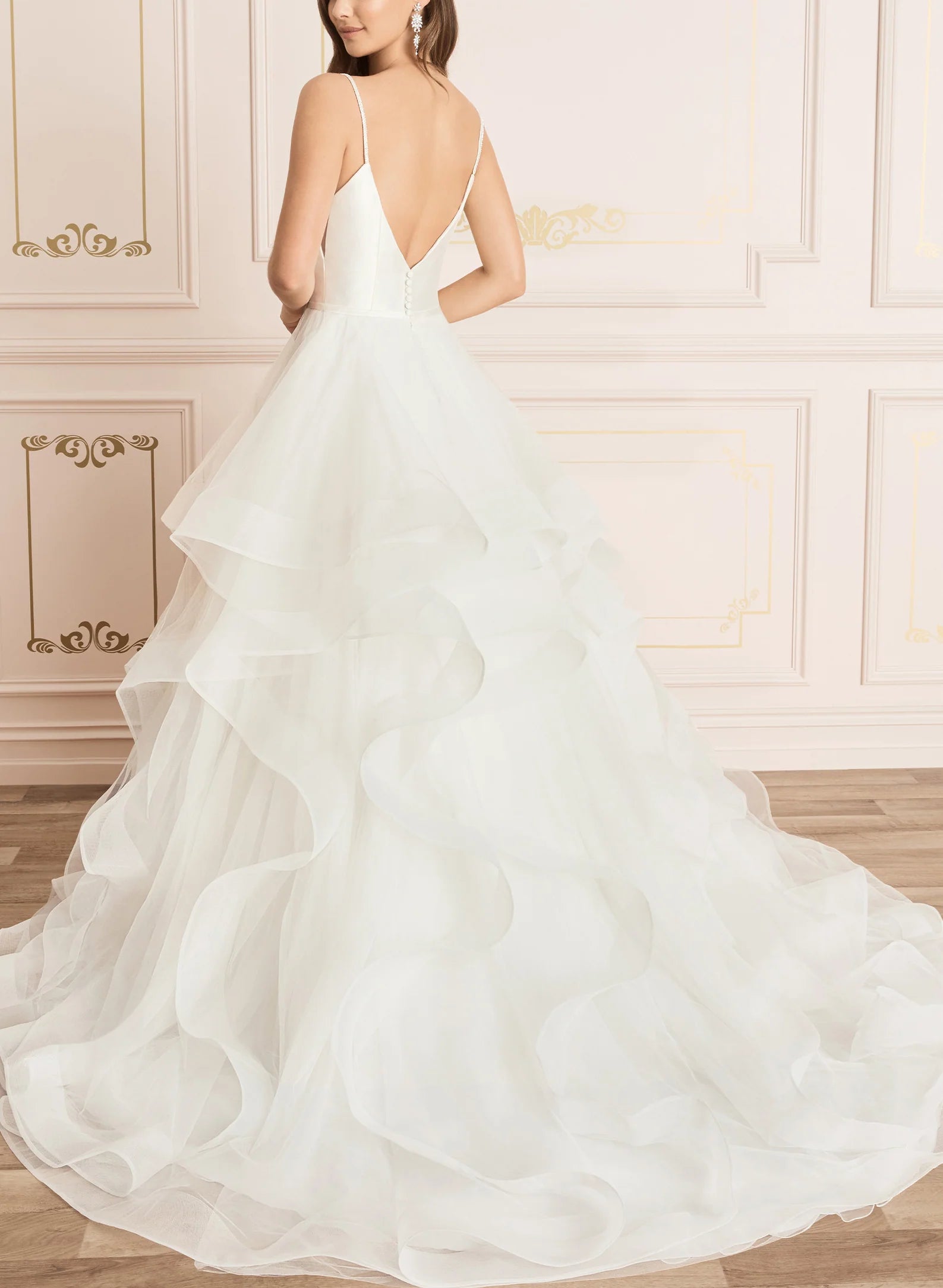 Luolandi Ball-Gown Wedding Dress With Cascading Ruffles V-neck Sleeveless Floor Length Sexy