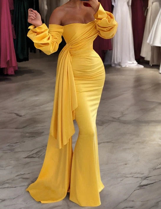 Luolandi Sheath/Column Prom Dress Off The Shoulder Evening Dress With Panel Train Elegant