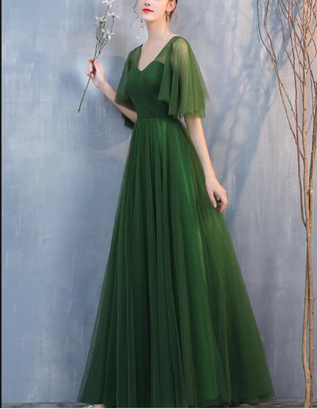 Luolandi Dark green Tulle A-line Long Formal Dresses Evening Dress Floor Length Bridesmaid Dresses Elegant Prom Dress