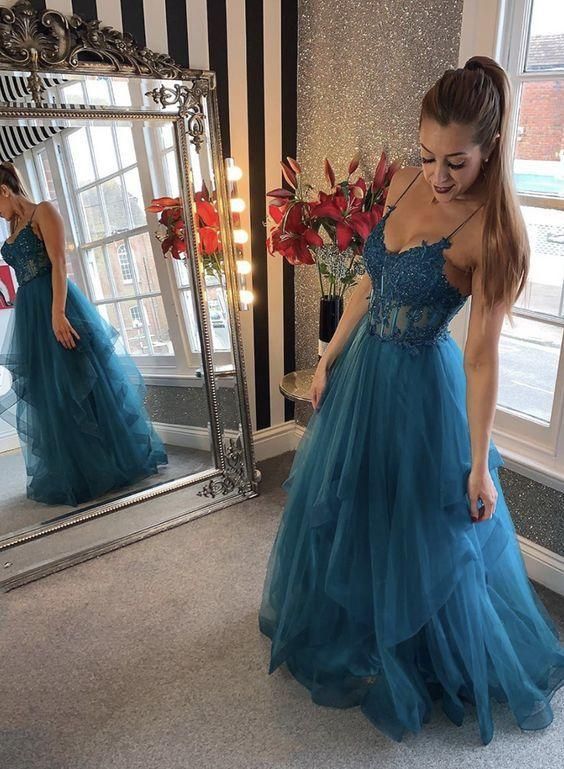 Luolandi Elegant Blue Tulle Lace Long Prom Dress Charming Evening Dress with Appliques