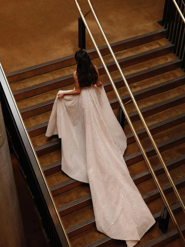 Luolandi Gorgeous Beaded Lace Spaghetti Straps A-line Chapel Train Wedding Dresses With Slit