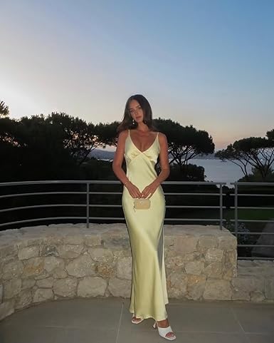 Luolandi Dress Yellow Sheath V-neck Long Prom Dress Satin Wedding Guest Dress Simple Party Dress