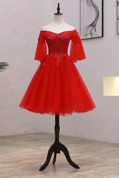 Luolandi Red Sweetheart Tulle with Lace and Beaded Homecoming Dress Party Dress Off Shoulder