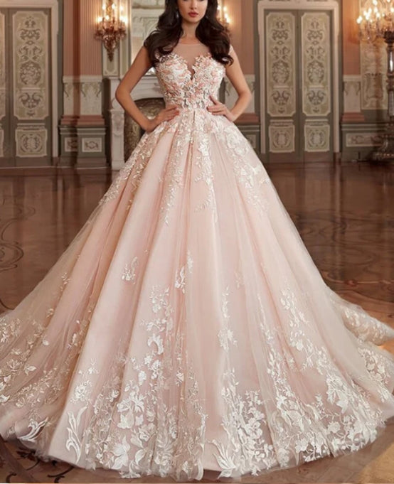 Luolandi A-line Scoop-Neck Cathedral Train Tulle Appliqued Romantic Wedding Dresses Elegant Bridal Gown