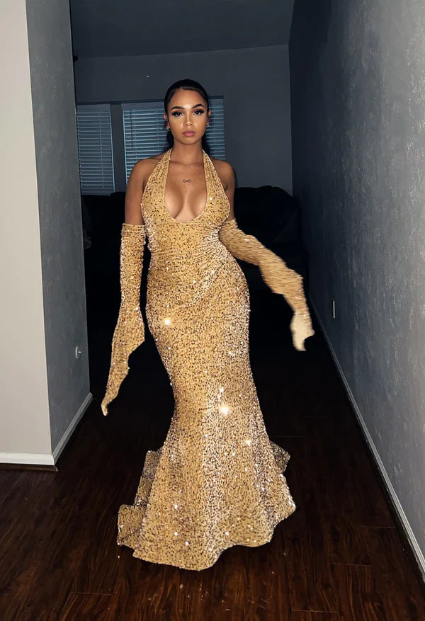 Luolandi Simple Mermaid Red Sequin Sexy Prom Dresses Birthday Outfit Sparkly Evening Dress