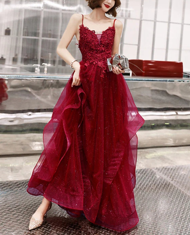 Luolandi Wine Red Shiny Tulle Layers Straps Party Dress with Lace V-neckline Prom Dress Elegant Evening Dress