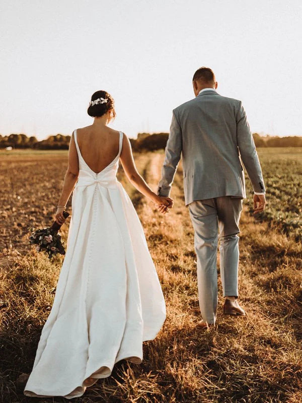 Luolandi Simple A-Line Satin Beaded Bowknot Backless Sleeveless Wedding Dresses With Bow