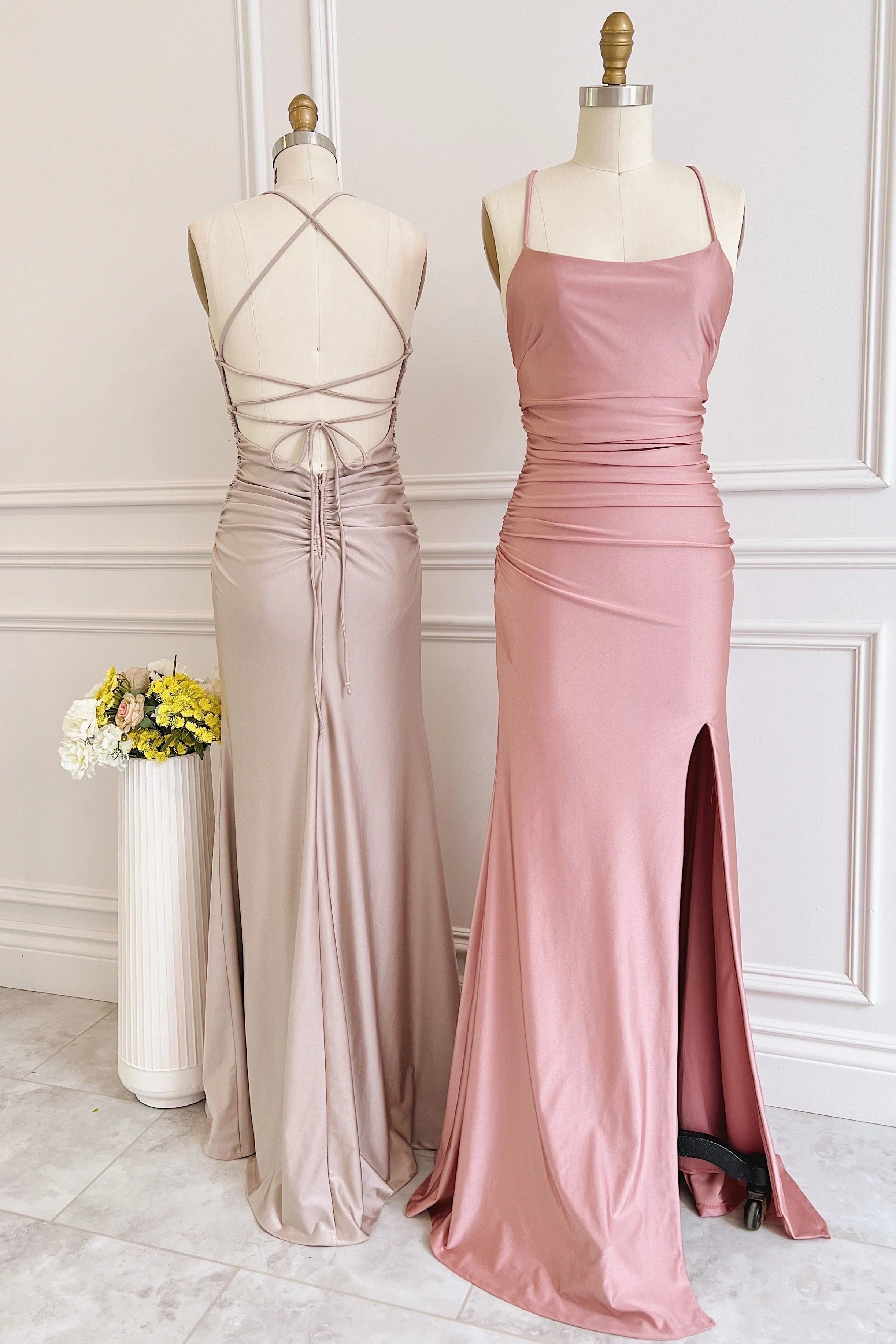 Luolandi Dusty Pink Satin Lace-Up Sheath Long Bridesmaid Dress with Slit Simple Party Dress