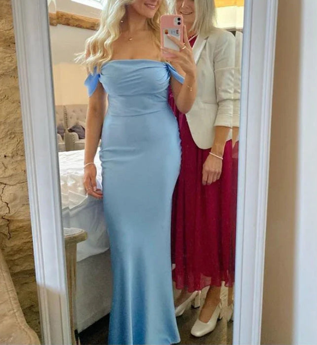 Luolandi Light Blue Off Shoulder Long Party Dress Wedding Guest Dress Simple Formal Dress