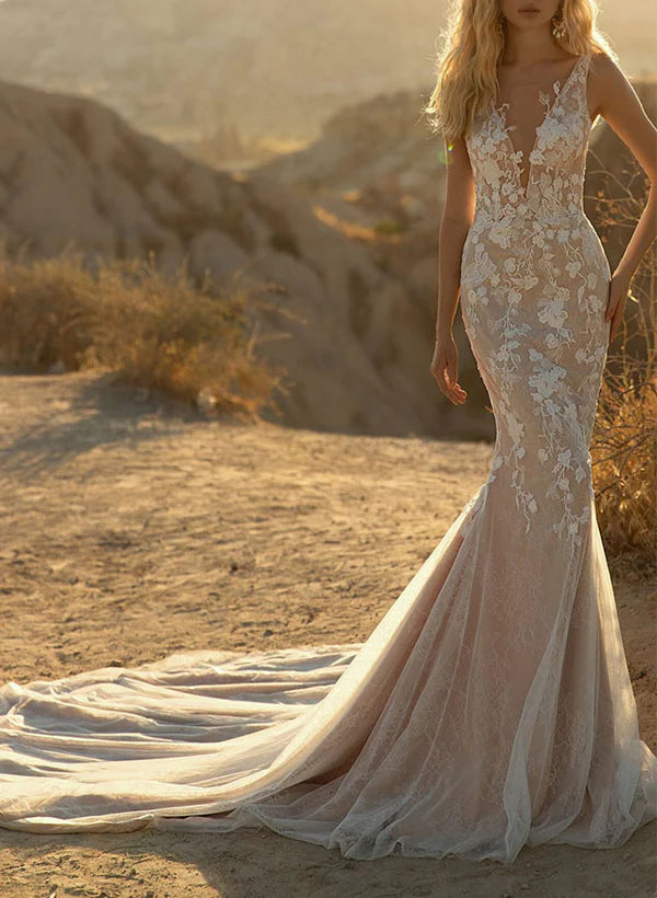 Luolandi Illusion Neck Tulle Wedding Dresses With Appliques Lace V-neck Sleeveless Floor Length Elegant