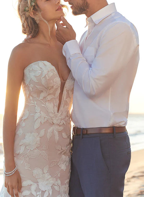 Luolandi Sweetheart Sleeveless Sweep Train Lace Mermaid Wedding Dresses Off Shoulder Floor Length Without Wedding Veil