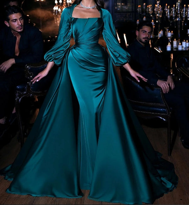 Luolandi Elegant Long Sleeves Floor Length Mermaid Prom Dress With Detachable Train Evening Dress