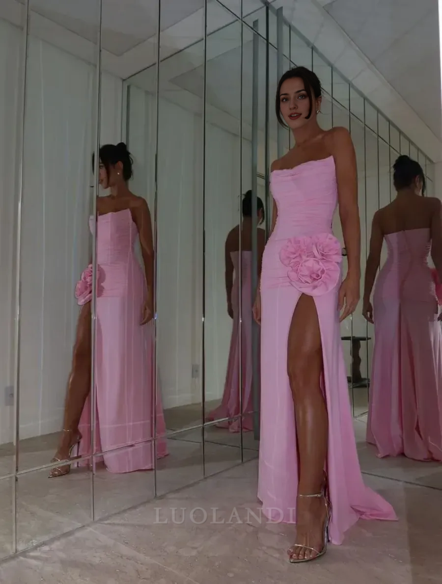 Luolandi Elegant Pink Long Prom Dress Strapless High Slit Formal Occasion Dress With Flower Charming Evening Party Dress