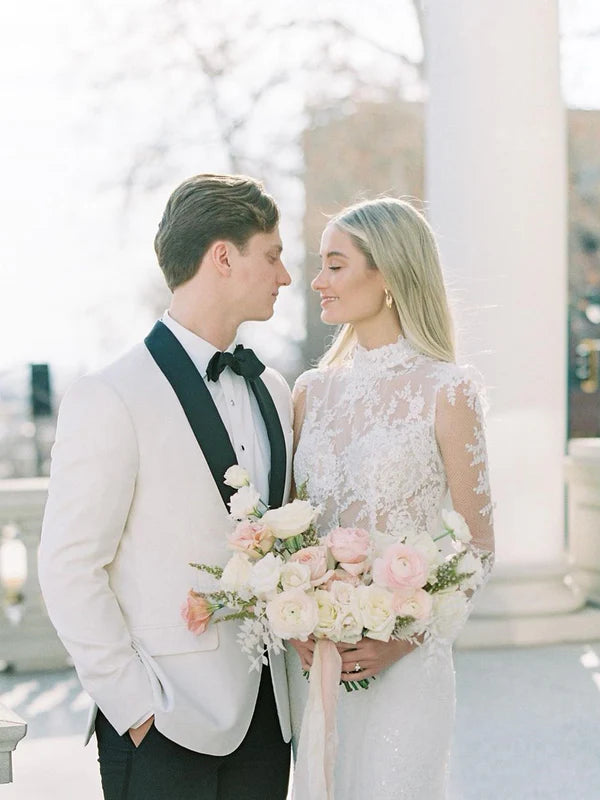 Luolandi Long Sleeves High Neck Lace Appliqued Mermaid Wedding Dresses Elegant Bridal Gown