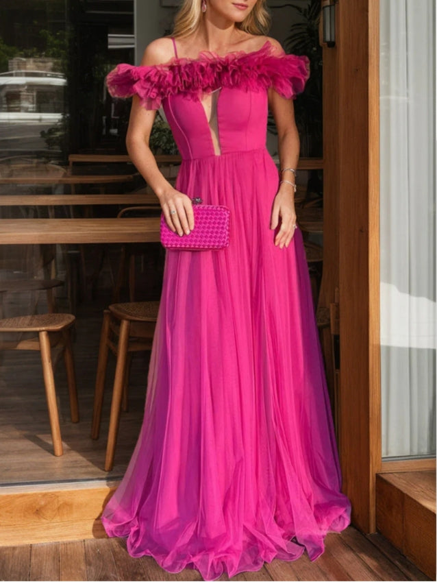 Luolandi Fuchsia A Line Prom Dress Off The Shoulder Evening Dress Floor Length Sexy
