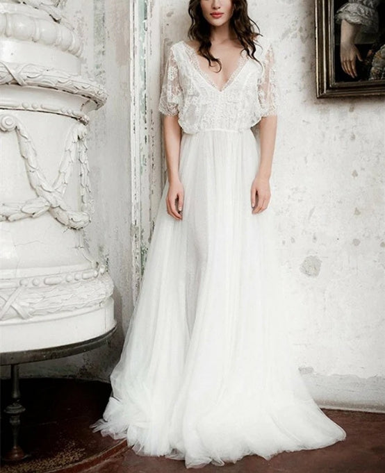 Luolandi Gorgeous Tulle Short Sleeves A-line Wedding Dresses Floor Length Elegant