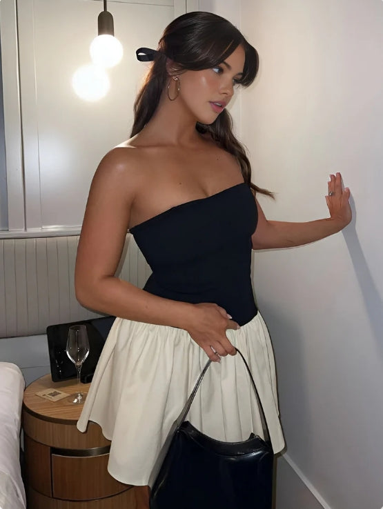 Luolandi Cute A Line Strapless Black Satin Short Homecoming Dress Outfits Party Dress