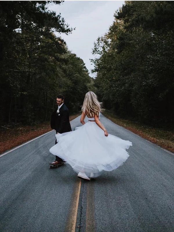 Luolandi Two Pieces Tulle Wedding Dresses A-line Halter Gowns Simple Bridal Gown