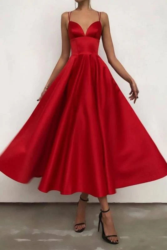 Luolandi Spaghetti Straps Ruffles Satin Ruby Tea-Length Prom Dresses Charming Evening Party Dress