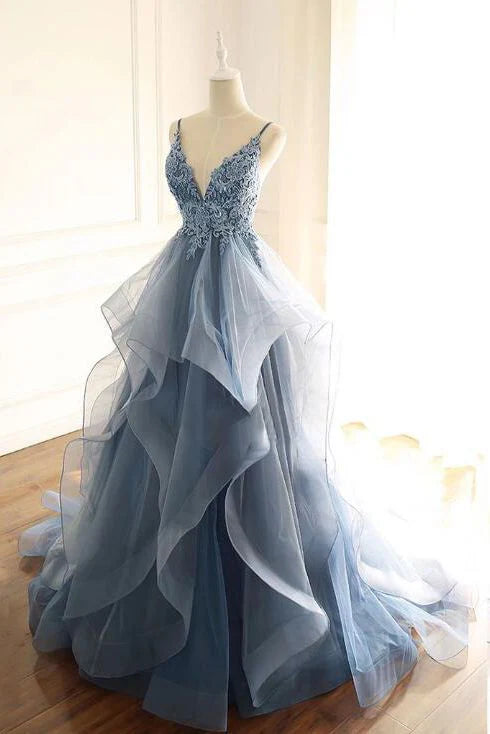 Luolandi tulle long prom dress with spaghetti straps and ruffled floor length charming skirt