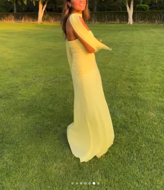 Luolandi Strapless A Line Yellow Long Prom Dress Wedding Guest Dress Charming Evening Party Dress