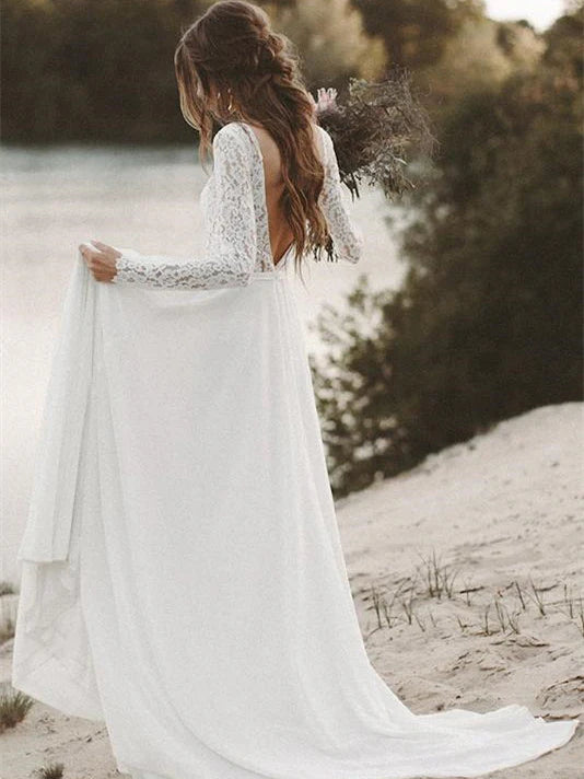 Luolandi Long Sleeves Lace Wedding Dresses A-line Chiffon Bridal Gowns V-neck Floor Length Elegant