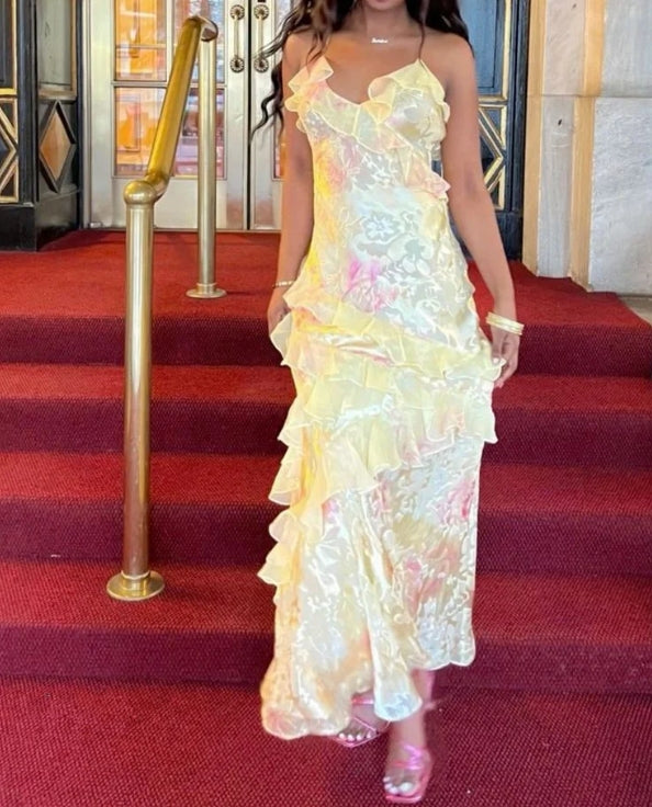 Luolandi Yellow Straps Ruffles Long Party Dress Weding Guest Dress Charming Evening Dress Formal Dress