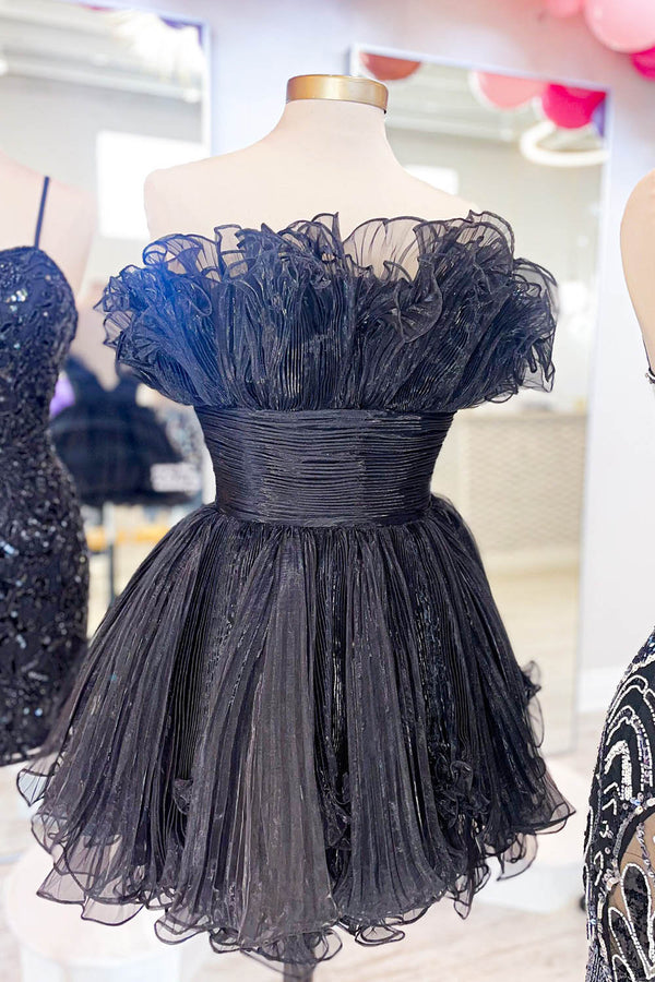 Luolandi Blue Strapless A-Line Short Prom Dress Organza Pleated Ruffle Tiered Homecoming Dress