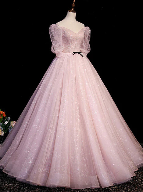 Luolandi Pink Tulle Short Sleeves Ball Gown Long Formal Dresses Evening Dresses A Line Prom Dresses