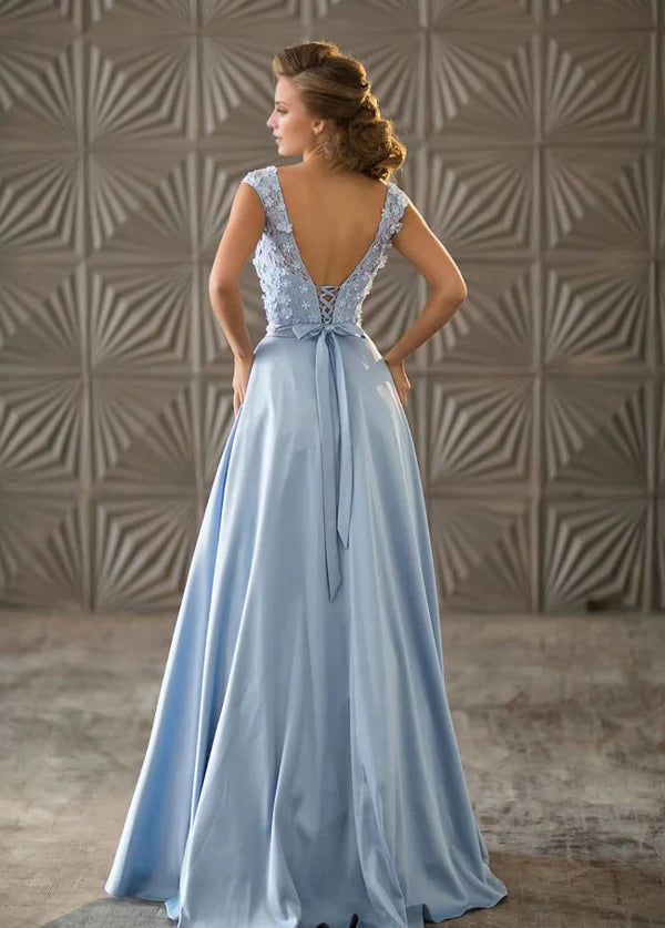 Luolandi A-Line Princess Evening Maxi Lace Bridesmaid Dress Formal Length Elegant Dress Wedding Guest Dress Light Blue