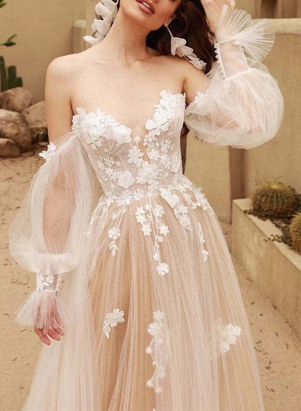 Luolandi Off-The-Shoulder Lace/Tulle Wedding Dresses With Detachable Sleeve Floor Length Elegant