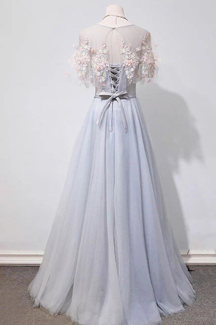 Luolandi Gray tulle lace long prom dress evening dress A Line Formal Dress With Flowers And Bow(s)