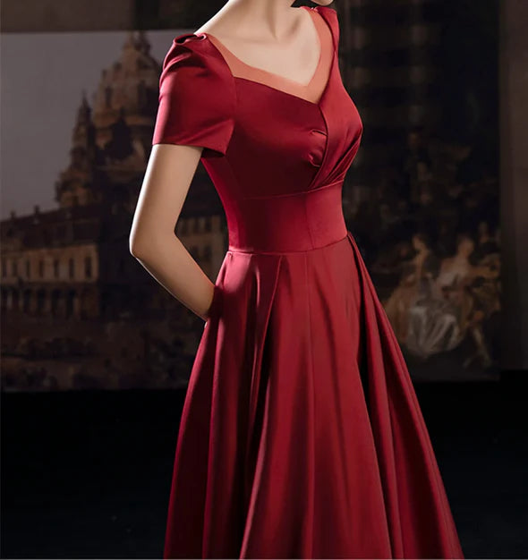 Luolandi Wine Red Satin Low Back Lace-up Short Sleeves Party Dress Formal Dresses Elegant Evening Dress