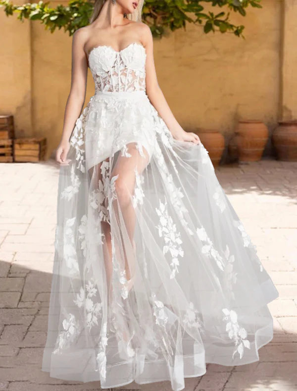 Luolandi A-Line Prom Dresses Floral Dress Party Wear Wedding Party Floor Length Sleeveless Strapless Wednesday Addams Family Lace with Appliques Off Shoulder