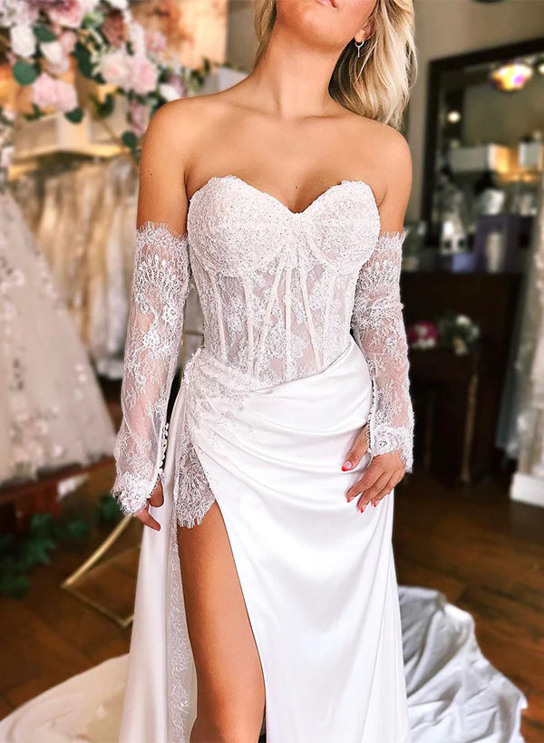 Luolandi Sweetheart Satin Wedding Dresses With Split Front Off Shoulder With Sleeves Sexy