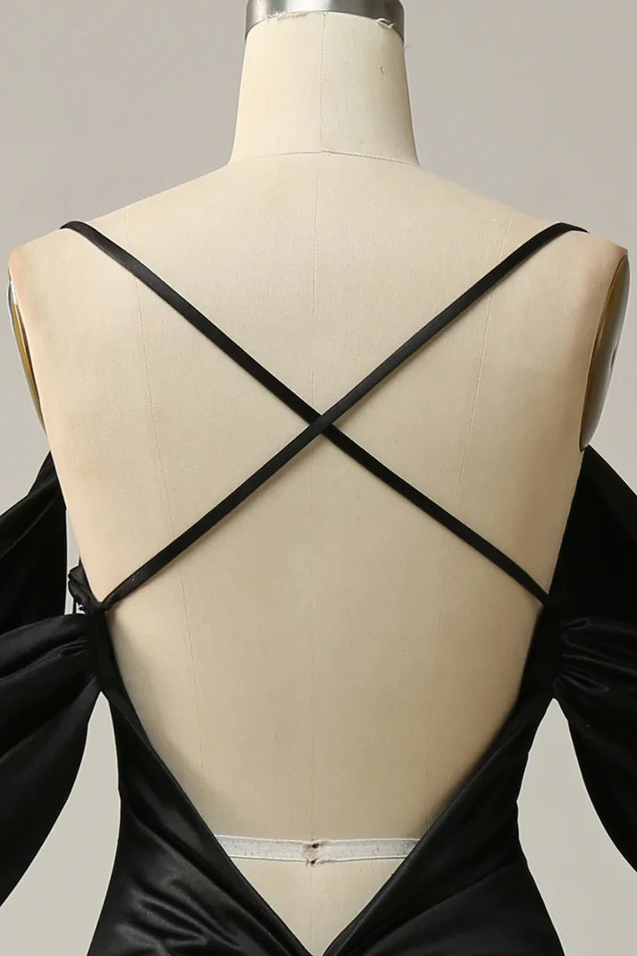 Luolandi Black Off Shoulder Open Back Satin Mermaid Long Prom Dress Elegant Evening Dress