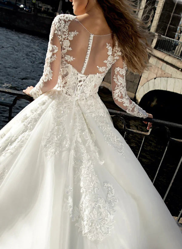 Luolandi Elegant A-Line Illusion Neck Long Sleeves Sweep Train Lace/Tulle Wedding Dresses with Appliques