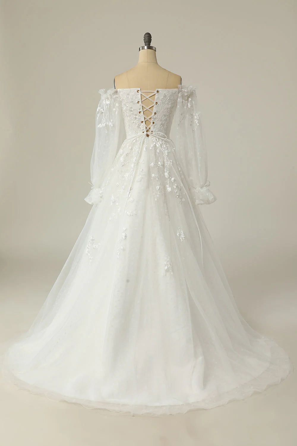 Luolandi Luxurious A-Line Off-The-Shoulder Wedding Dress With Appliques And Detachable Sleeves