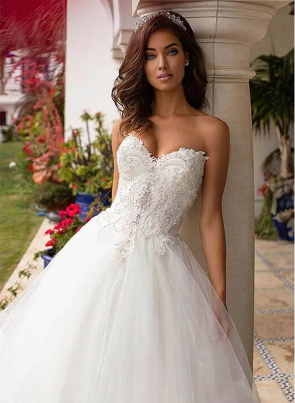 Luolandi Sweetheart Lace/Tulle Wedding Dresses With Cascading Ruffles Off Shoulder Floor Length