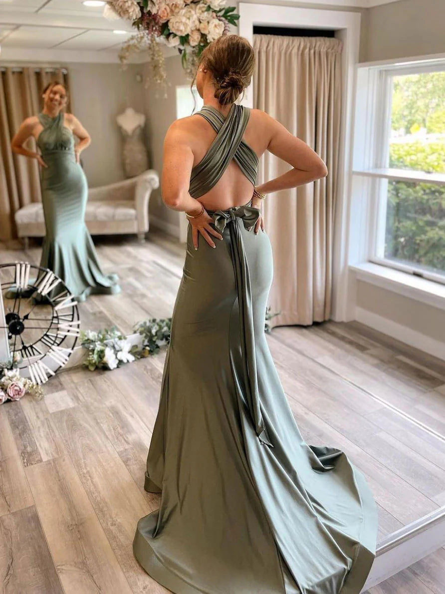 Luolandi Gray green satin mermaid long prom dress evening dress Sexy Formal Dress december wedding guest dress